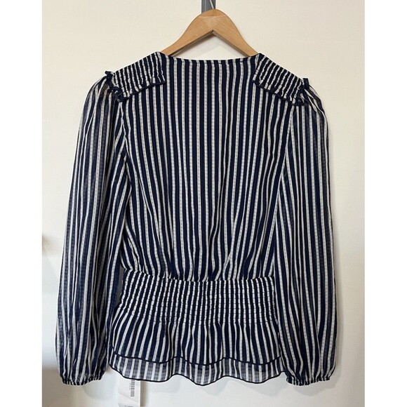 Parker Navy White Stripe V Neck Smocked Peplum Long Sleeve Blouse Size S - Picture 4 of 9